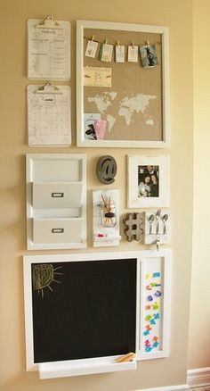 a white wall with many different items mounted on it's sides and attached to the wall