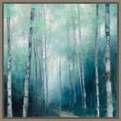 a painting of trees in the woods with blue and green tones on it's walls