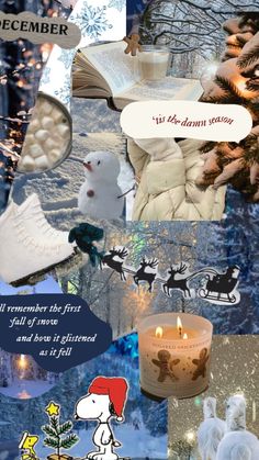 a collage of christmas images with santa's sleigh, snowflakes and candles