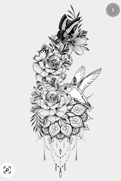 a black and white drawing of flowers with a butterfly on it's back side