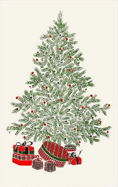 a drawing of a christmas tree with presents under it and an ornament on the top