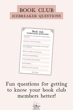 the book club icebreakerer questions is shown in pink and white with an image of a