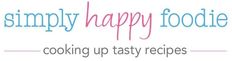 the words simply happy foodie cooking up tasty recipes are in blue and pink