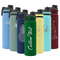 thermos bottles are lined up in different colors and designs, including pineapple