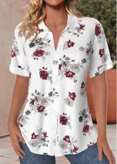 Color:White;Size:S;Size:M;Size:L;Size:XL;Size:XXL;Package Contents:1 X Blouse;Occasion:Other;Style:Casual; White Short Sleeve Shirt, Womens Dress Suits, Plus Size Coats, Blouse Pants, Floral Print Blouses, Floral Print Shorts, Collar Blouse, White Short, Print Blouse