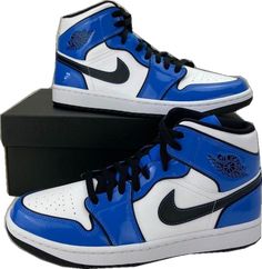 Modern Blue Synthetic Sneakers, Modern Blue Custom Sneakers With Cushioned Footbed, Nike Custom Blue Synthetic Sneakers, Air Jordan 1 Mid Se, Nike Air Jordan 1 Mid, Nike Air Jordan 1, Air Jordan 1 Mid, Jordan 1 Mid, Air Jordan 1