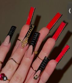 Black Red Bottom Nails. Diamonds. Aquarius Nails Red And Black Nail, Red Bottom Nails, Coffin Ombre, Black Acrylic Nails, Red Acrylic Nails, Long Acrylic Nail Designs, Drip Nails, Nails Square, Long Acrylic Nails Coffin