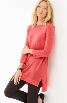 Our crew-neck pullover tunic has cuffed 3/4-length sleeves with four decorative buttons on each.   High side vents. Forward seams. Straight hemline is slightly longer in back. Thigh length: 32" Bust: 45" Hemline: 52" 3/4 sleeves 100% merino wool yarn Machine wash, reshape and dry flat Imported Color: pink clover heather Size: XL Brand NEW with TAG! Perfect NEW condition, first quality, never worn! Very Beautiful and Stylish! Priestess Clothing, Cardigan With Jeans, Tunic Outfit, Bright Sweater, Pink Clover, Sweater Leggings, Merino Sweater, Merino Wool Yarn, Sweater Tunic