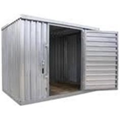 a metal storage container with the door open