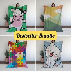 four different blankets with pictures of animals on them and the words best seller bundle written below