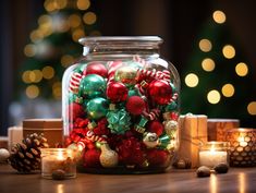 a glass jar filled with christmas ornaments and candles