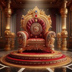 an elaborately decorated chair sits in the middle of a room