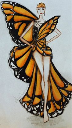 a drawing of a woman in a butterfly dress