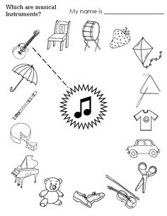 the music worksheet is filled with musical instruments and other things to draw on it