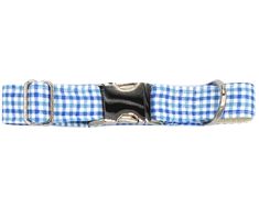 a blue and white checkered dog collar with metal buckles