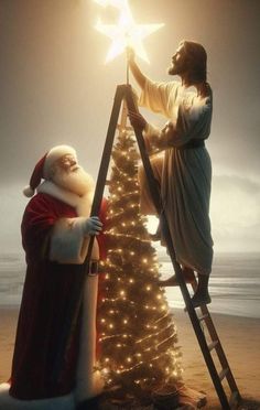 a man dressed as santa claus lights a christmas tree on the beach with a star