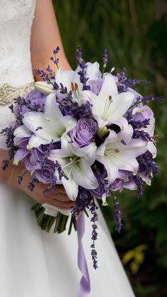 Enchanting Lilies and Lavender Bridal Bouquet Bouquets With Lilies, Purple Wedding Flowers Bouquet, Crafts For Baby, Lilac Wedding Themes, Tulip Bouquets, Lavender Wedding Bouquet, Lavender Wedding Theme, Simple Paper Flower, Lavender Bridal Bouquet