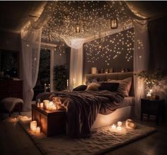 a bedroom with lights on the ceiling and a bed covered in blankets next to a window