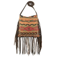 Hands free, breezy comfort is what the Fringed Cowgirl Collection is all about. Made of buttery soft tumbled genuine leather and woven tapestry, accented with 8"" free flowing leather fringe and antiqued spots. With an interior zippered pocket, these bags are perfect for your essentials and then some. All the conveince with a 1.5"" comfortable leather crossbody strap for easy carrying. Each handbag includes a protective storage bag. Every American West product is hand tooled from hand dyed 100% Western Handbags, Fringe Crossbody Bag, Woven Tapestry, Fringe Bags, Western Leather, Leather Weaving, American West, Leather Fringe, Tapestry Weaving