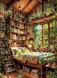 a bedroom with lots of plants and bookshelves in the corner, along with a bed