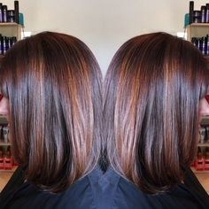 Dark Brown Hair With Copper Lowlights, Highlights Long Bob, Brunette Bob Haircut, Dark Red Hair Color, Auburn Balayage, Dark Red Brown, Hair Color Chocolate, Copper Highlights, Red Highlights