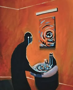 a painting of a person washing their hands in a sink with an orange wall behind them