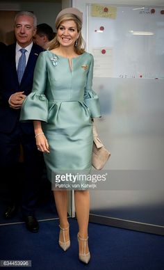 Queen Maxima visits European Energy Exchange during the 4 day visit to Germany on Feb. 9, 2017 in Leipzig Renda Kebaya, Energy Exchange, Dresses Knee Length, Queen Elisabeth, Leipzig Germany, Thai Dress, Royal Style