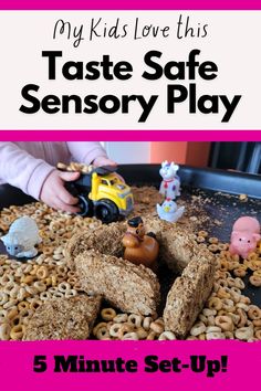 Pin text reads, my kids love this taste safe sensory play 5 minute set up. Image of cereal and farm animals sensory tuff tray ideas. Food Safe Sensory Play, Feeling Tuff Tray, Edible Messy Play For Babies, Taste Safe Sensory Play For Babies, Sensory Bin Ideas For Toddlers, Taste Safe Sensory Play, Taste Safe Sensory, Edible Sensory