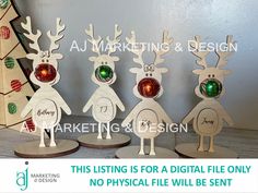 four wooden reindeer figurines with christmas tree in the background and an ad for marketing & design