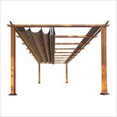 a wooden pergola with metal poles and curtains on it's sides, against a white background