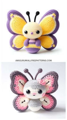 crocheted stuffed animals are shown in three different colors and sizes, one is yellow, the other is purple