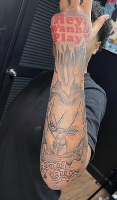 Chucky Forearm Tattoo, Chucky Arm Tattoos, Hand Tattoo Ideas For Men Black, Tattoos For Studs, Stud With Tattoos, Arm To Hand Tattoo Men, Studs With Tattoos, Hand And Forearm Tattoo For Men, Stud Tattoo Ideas