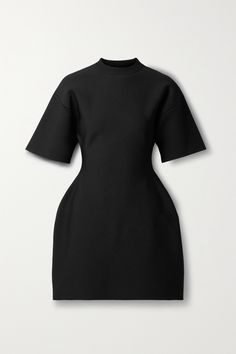 Balenciaga's mini dress is designed in a curvaceous 'Hourglass' shape. Cut from smooth black stretch-ponte, it has a thick handle and dropped shoulder seams. Style yours with matching tights and over-the-knee boots. Hourglass Black Dress, Balenciaga Black Dress, Hourglass Dress Style, Barrel Dress, Pegged Dress, Mini Dress Party Night, Balenciaga Clothes, Gown Silhouette, Balenciaga Dress