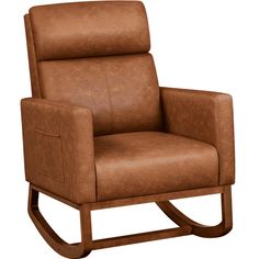 a brown leather rocking chair on a white background