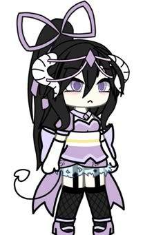 an anime character with black hair and purple clothes, holding a cat ears on her head