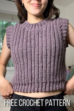 a woman wearing a purple knitted top with the text free crochet pattern