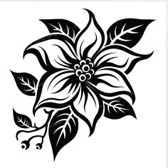 a black and white flower with leaves on it