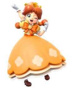 a cartoon character dressed in an orange and white dress, with her arms out to the side