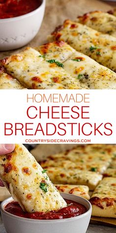 homemade cheesy breadsticks being dipped with marinara sauce