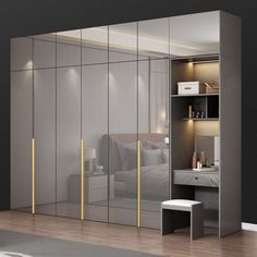 a bedroom with mirrored closet doors and a white bench in the corner next to it