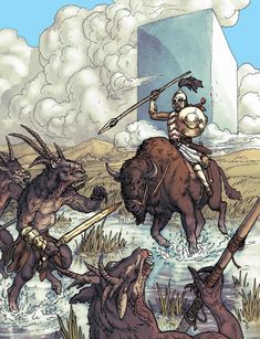 an image of a man riding on the back of a bison in front of other animals