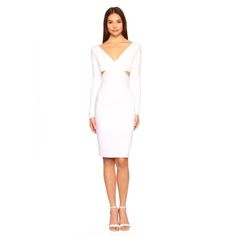 Susana Monaco Nwt V Side Cutout Long Sleeve Midi Dress In White Sugar Size S Style# 1021supd00892 Brand New With Tags In Bag Chic V-neck Bandage Dress For Spring, White V-neck Bodycon Dress For Brunch, White Fitted Knee-length Bandage Dress, White Knee-length Bodycon Bandage Dress, V-neck Bandage Dress For Date Night In Spring, White V-neck Bodycon Dress For Date Night, Elegant White V-neck Bodycon Dress, White Midi-length Bandage Dress For Evening, Fitted White V-neck Midi Dress