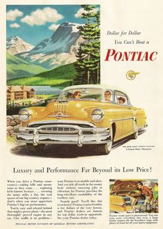 an old advertisement for the pontiac car with two men in it and mountains behind them