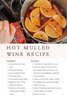 a recipe for hot mulled wine with oranges and cranberries in a pot