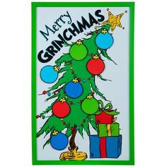 a christmas card with a green tree and presents on the bottom, merry grinmas