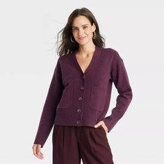 Women's Cozy Knit Everyday Cardigan - A New Day™ Burgundy L : Target Fall Cardigan, Sweater Maxi Dress, Target Finds, Black Houndstooth, Button Front Cardigan, Cozy Cardigan, Womens Crewneck, Cozy Knit, Fall Street Style