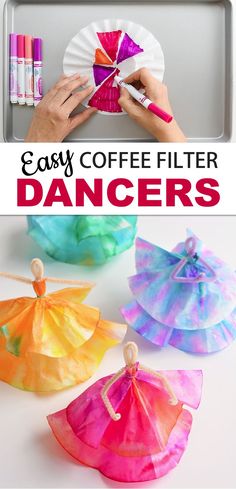 easy coffee filter dancers for kids to make with paper and colored crayon pencils