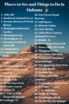 a poster with the names and dates for places to see and things to do in alabama