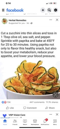 a facebook post with an image of zucchini chips