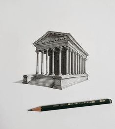 a drawing of a building with columns and a pencil